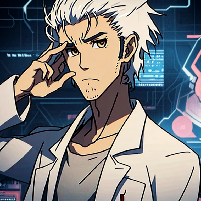 Generate diverse images of Hiroshi Suzuki, a brilliant and eccentric scientist with a personality reminiscent of Rintaro Okabe from Steins;Gate,Reflective and introspective, facing personal challenges or contemplating consequences, ((white hair)),Hiroshi has messy, unkempt hair.
Wears a lab coat with peculiar pins and badges.
Expressive eyes capable of conveying a wide range of emotions.
Include dynamic body language to enhance expressions.