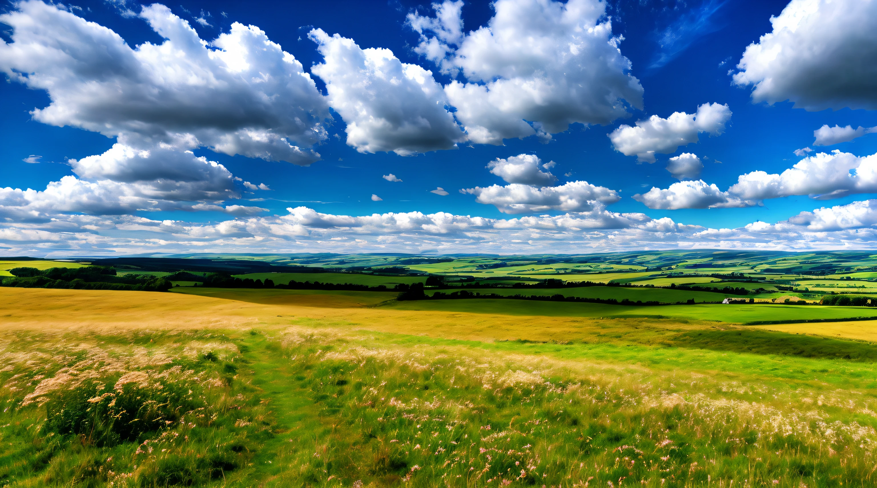 steppe landscape,blues sky and clouds, green forest, dingdall effect,a country road,Colorful hot air balloon,high quality desktop wallpaper, verdant forest, Detailed field properties, beautiful english countryside, amazing scenery, endless rolling hills, Landscape wallpaper, lush countryside, patches of green forest, amazing scenery, Green field in the background, high-quality wallpaper, beautiful wallpaper