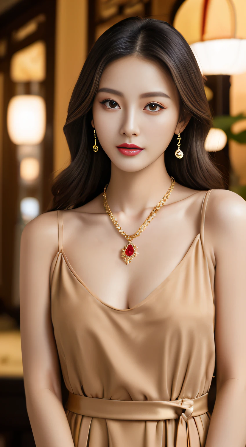 Araf woman in tan dress posing for photo, wearing elegant jewellery, luxurious neckless, jia, beautiful Korean women, Gold and red, golden necklace, gorgeous young korean woman, sha xi, choker necklace, Red jewelry, wearing gold jewellery, beautiful young korean woman, cute women, golden jewelery, golden jewelery, gorgeous chinese models, chineseidol，ssmile