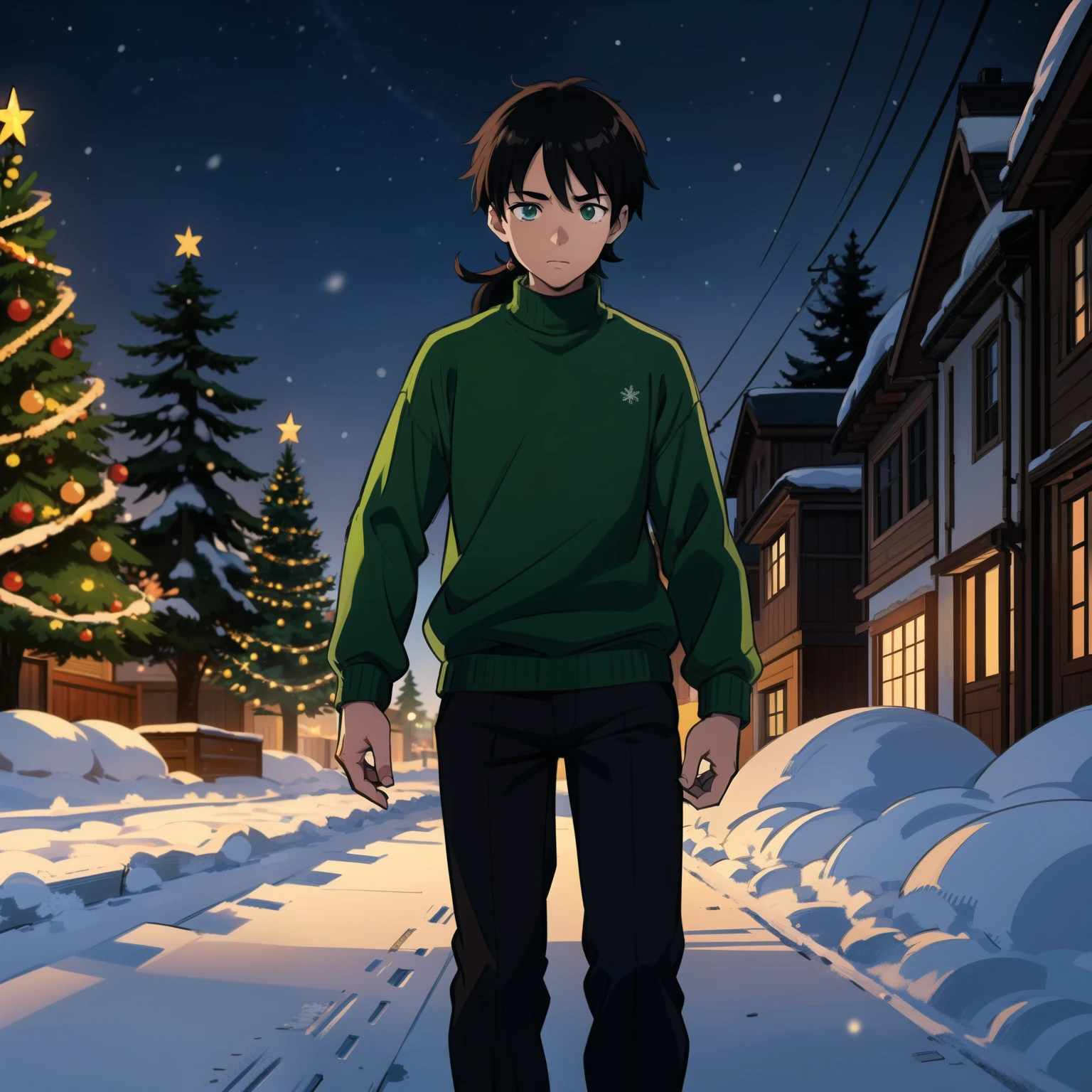 ((Sketch)) (Manga style) Christmas, a young boy with a long mullet haircut, big lips, and slanted eyes. Winter season, snow and pine trees on the streets. Walking in the neiborhood. Christmas lights at night. Wearing a green sweater. Despite the difficulties, he kept hope alive in his heart. His eyes shone with a spark of hope for the future.