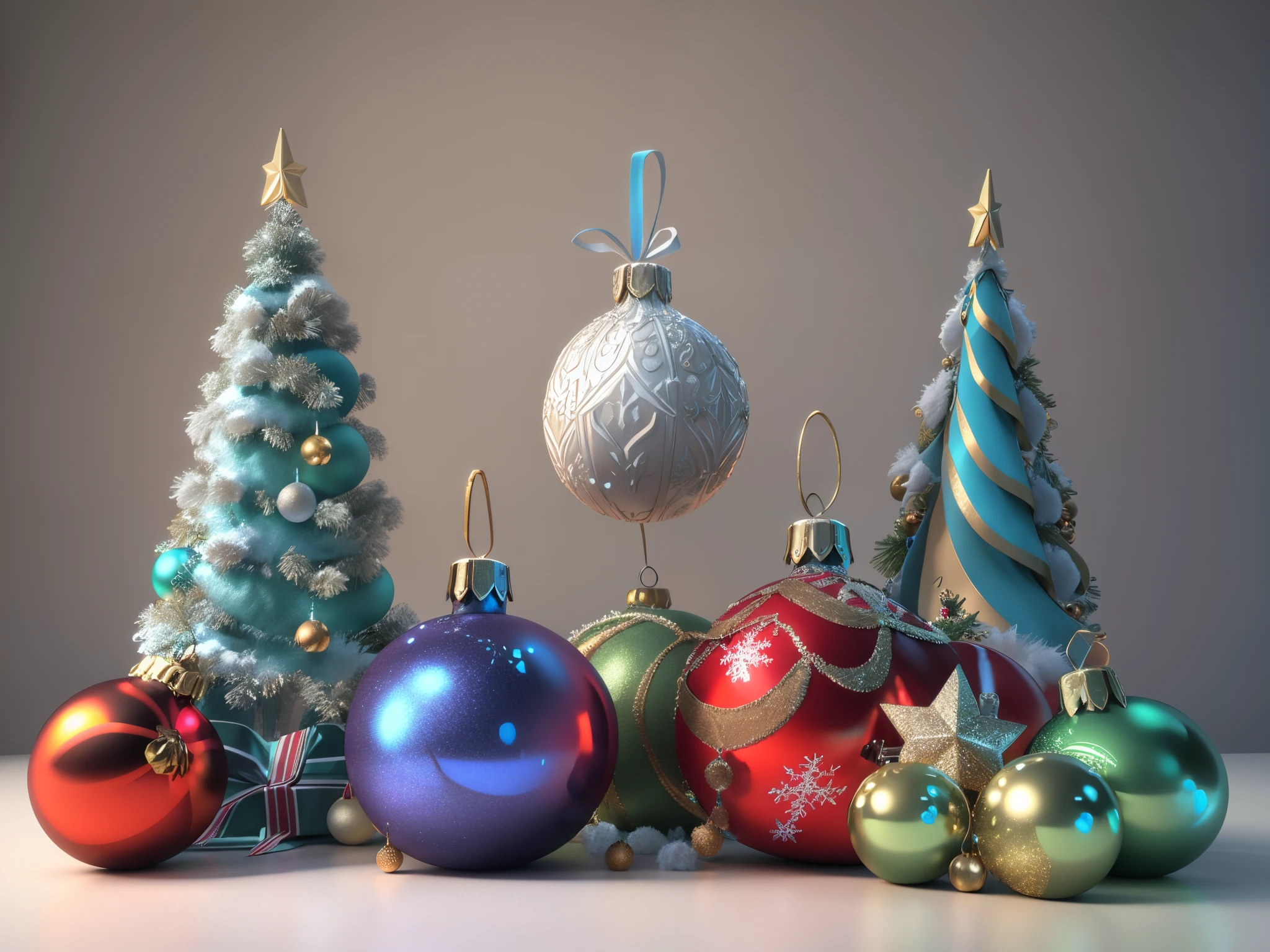 Image of a series of Christmas decorations in different colors in Arafad, decor, 8K high quality detail art, High quality 3D realistic, detailed ornaments, cgsociety UHD 4k very detailed, Very detailed cgsociety, christmas, Iray shaders, The is very detailed, photo-realism, stylized pbr materials, Super detailed decoration, 3D realistic materials