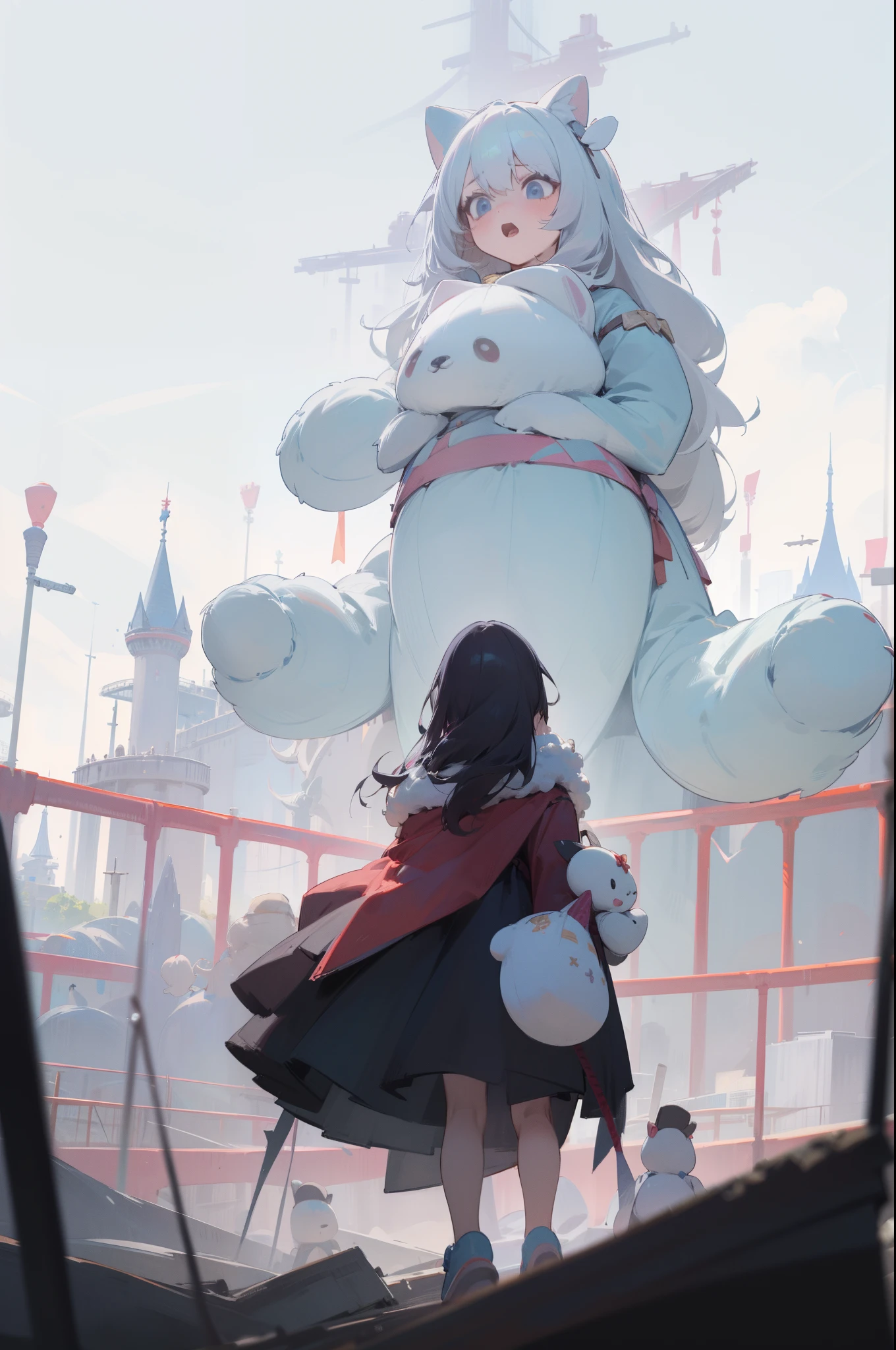(outdoor, Theme park, park), 1girl, a lot of gigantic fluffy stuffed toy, looking afar, panorama, from behind, (panicking:1.2), masterpiece, best quality, 8k, perfect anatomy