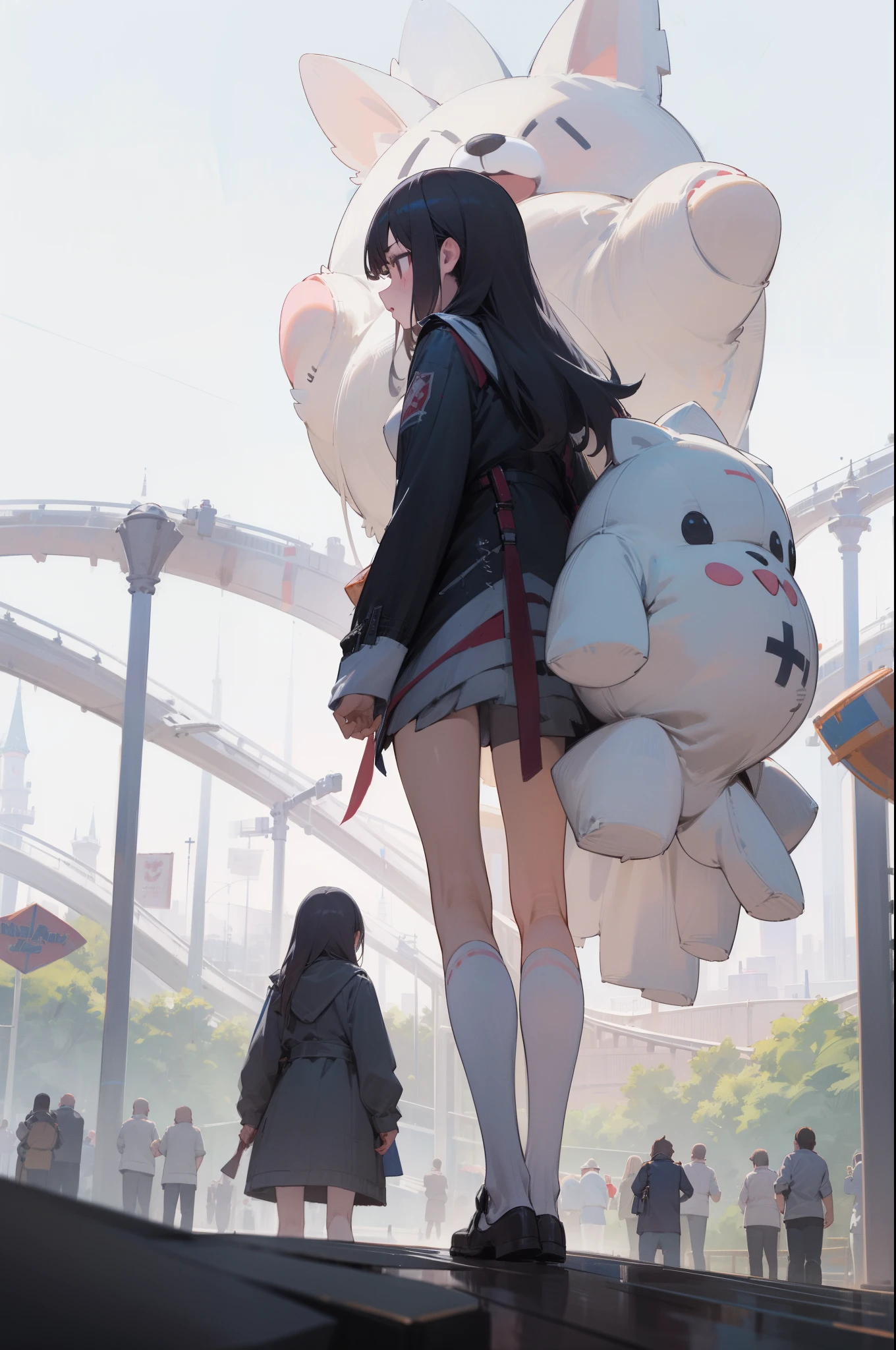 (outdoor, Theme park, park), 1girl, a lot of gigantic fluffy stuffed toy, looking afar, panorama, from behind, (panicking:1.2), masterpiece, best quality, 8k, perfect anatomy