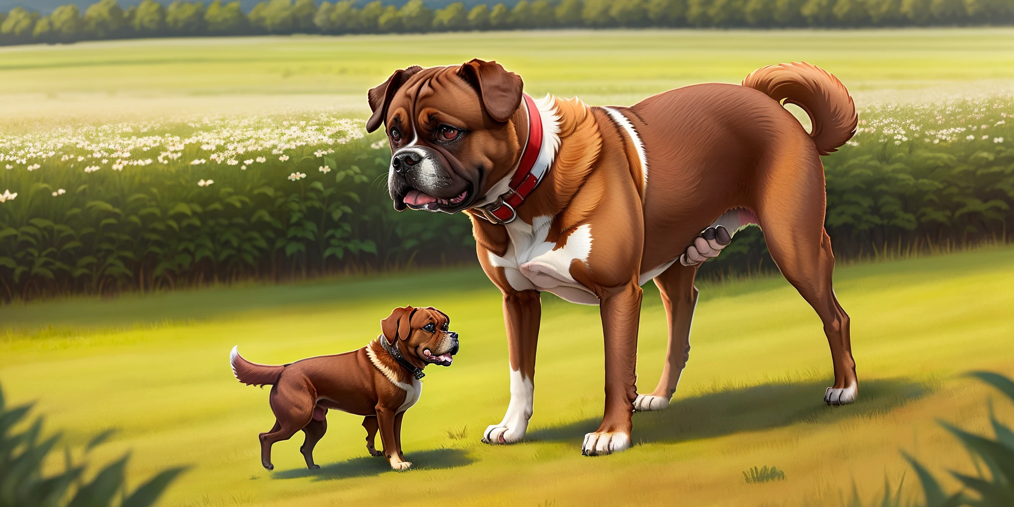 Create a nature scene of a brown boxer dog in a field