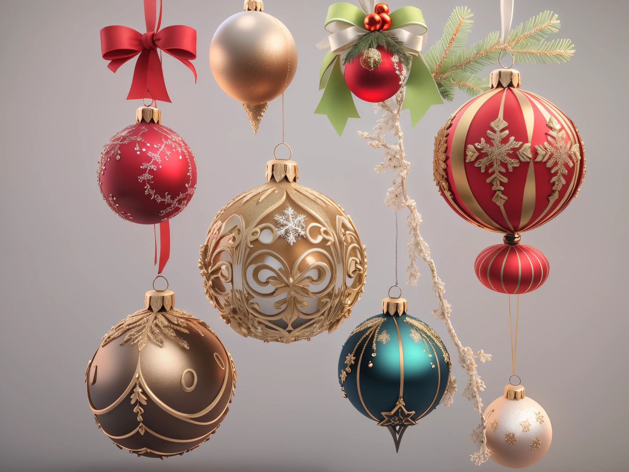Image of a series of Christmas decorations in different colors in Arafad, decor, 8K high quality detail art, High quality 3D realistic, detailed ornaments, cgsociety UHD 4k very detailed, Very detailed cgsociety, christmas, Iray shaders, The is very detailed, photo-realism, stylized pbr materials, Super detailed decoration, 3D realistic materials