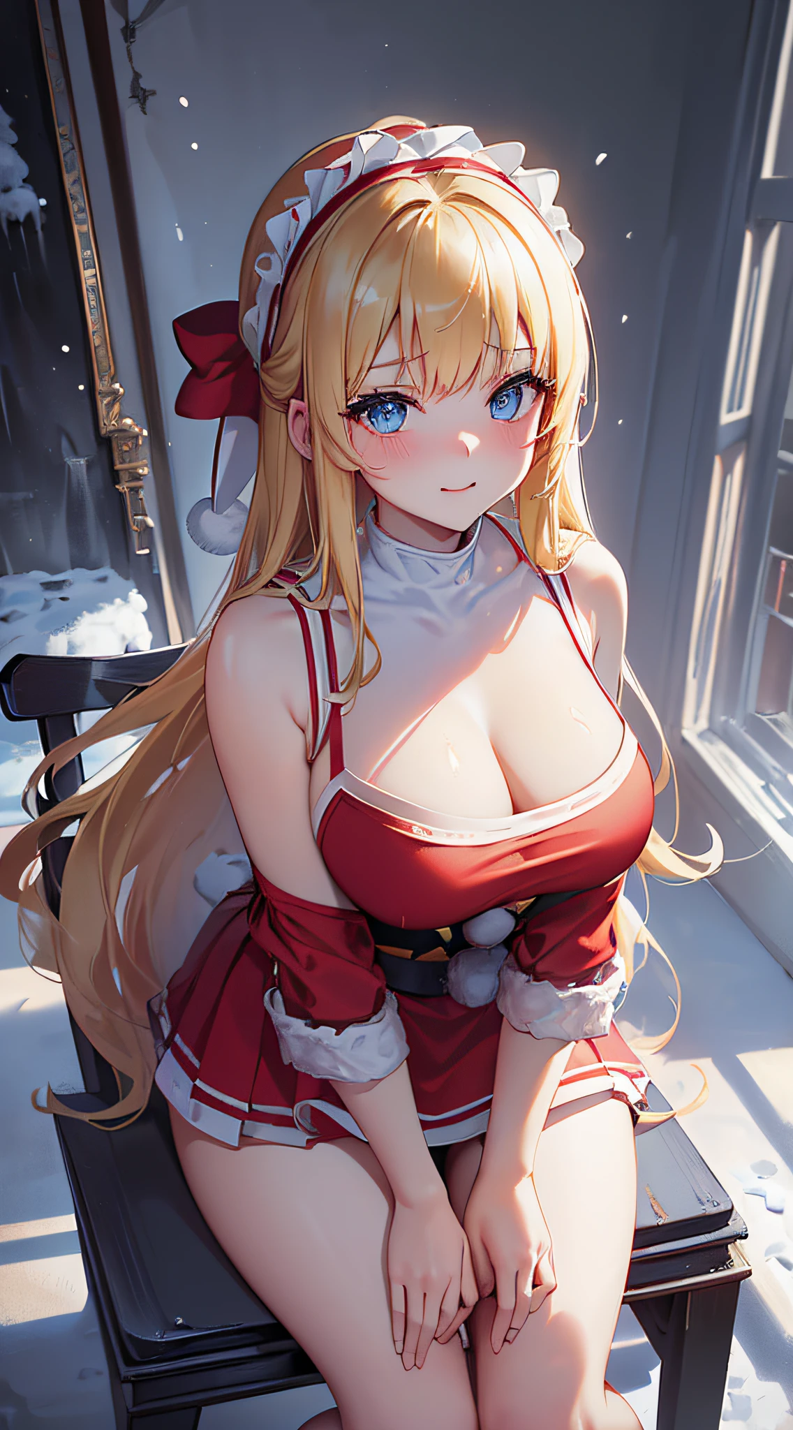 top-quality、Top image quality、​masterpiece、teens girl((Red Santa Costume、santa style short skirt、santa style tank top、sixteen years old、teen ager、Best Bust、big bast,Beautiful light blue eyes、Breasts wide open, a blond、A slender,Large valleys、dye one's cheeks red、Leaning forward、White breath、Reflecting the whole body、Cross your arms、Laugh、sit a chair)),hiquality、Beautiful Art、Background with((Classroom at evening、snowflakes falling、Heavy snow falls、snowman、ice tower model)))、masutepiece、depth of fields,