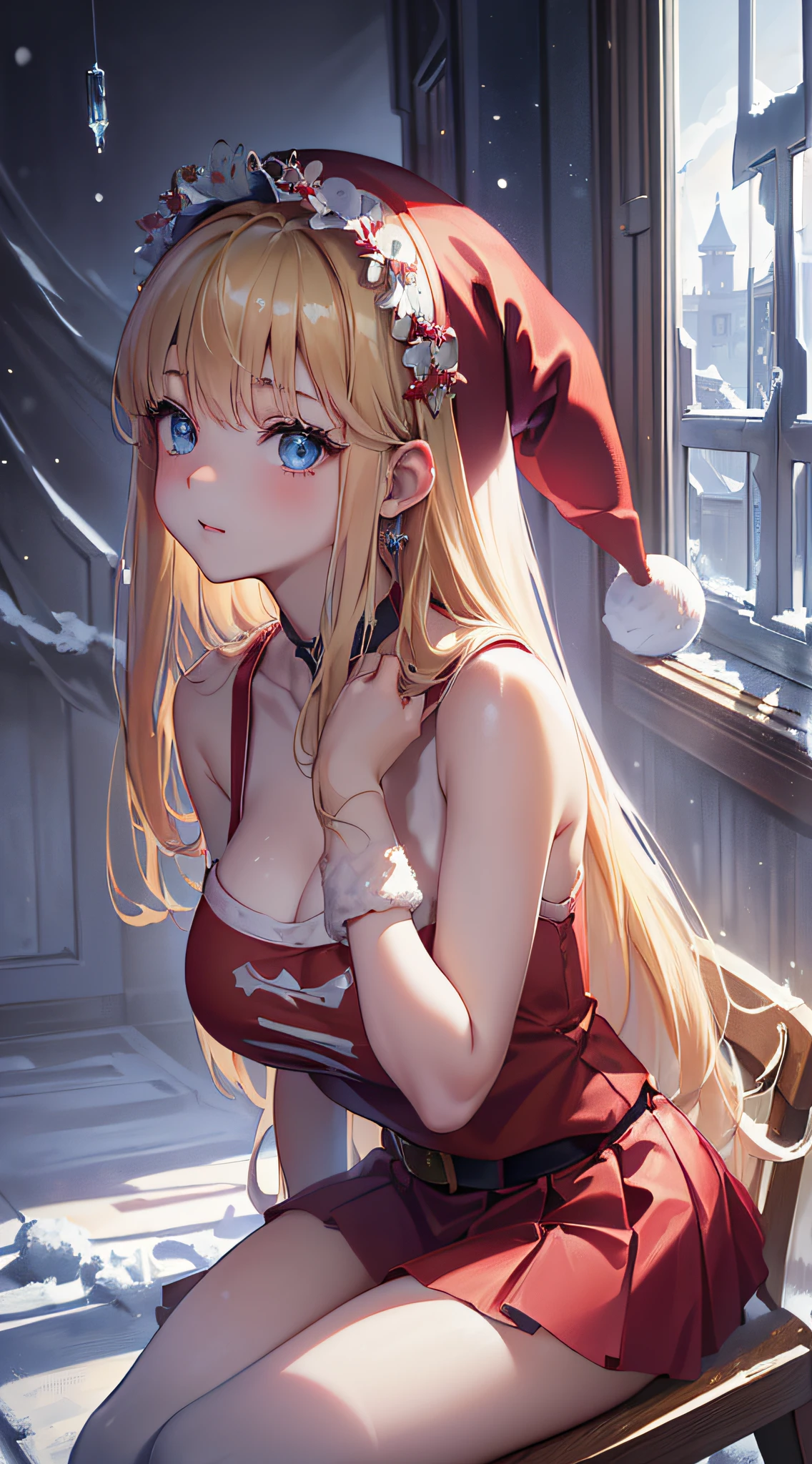 absurderes, ultra-detailliert,bright colour,(in 8K:1.3),masuter piece,extremely beautiful detailed face and eyes,(santa uniform:1.2), (gals:1.2),(Plaid pleated skirt:1.2), a necklace,Colorful bracelets,(Loose socks:1.4),独奏,Stargazing,Star_\(skyporn\)、starrysky、Winters、(Smooth straight blonde hair:1.3), (Shiny hair:1.2), Delicate beautiful face, red blush、Deep Blue Eyes, (Happy smiling face:1.2),