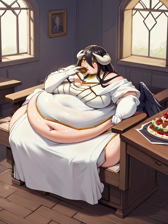 masterpiece, 4K, 1girl, solo, obese albedo \(overlord\),
huge fat breasts,, white_horns, slit pupils, obese body,
demon horns,
black wings, feathered wings, low wings, large wings,
detached collar, white dress, sitting, in castle kitchen, on back, eating a lot food, elbow gloves,