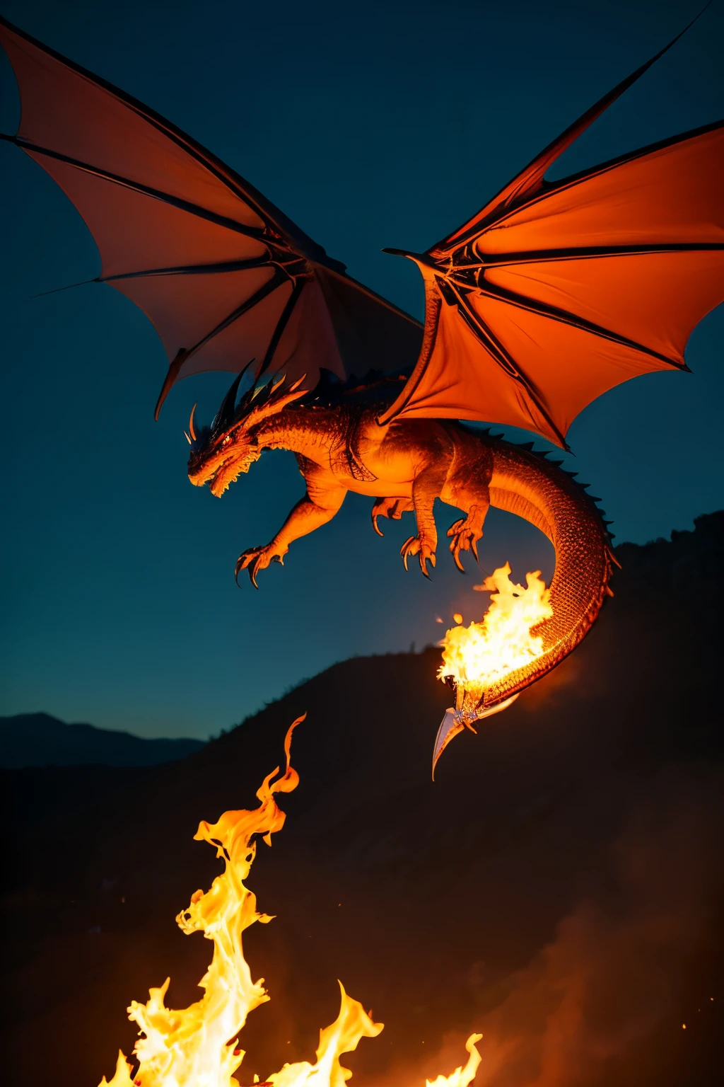 A dragon flying gracefully in the dusk sky、hightquality、8k、Black Dragon、fire flame