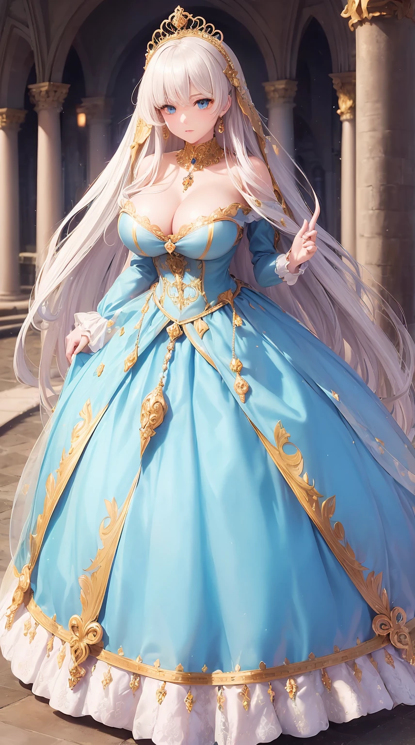 ultra-detailed, extremely detailed,((anime artstyle)),Masterpiece,(Best Quality),(Super Detail),(Very Delicate and Beautiful),((Solo)),(((full body))),full body,((detailed face and eyes)),perfect eyes, rendered eyes,jewel-like beautiful eyes,((1 princess in beautiful embroidery and jeweled gorgeous rococo ballgown with frilled voluminous full length hoop skirt)),((Crinoline)),beautiful embroidery and jeweled gorgeous rococo ballgown with frilled voluminous full length hoop skirt,(large amount of straight hair,extremely voluminous Very Long straight Hair,Absolutely Long Straight Hair),sparkly skin,(((very gigantic boobs,skindentation))),Bursting breasts,cleavage,((fantasy castle,outdoors,outside the castle)),long_gloves,extremely gorgeousfull jeweled hair ornament,(bling-bling extremely gorgeousfull jeweled tiara),(luxurious jewelry),full body,beautiful embroidery and jeweled gorgeous rococo ballgown with frilled voluminous full length hoop skirt