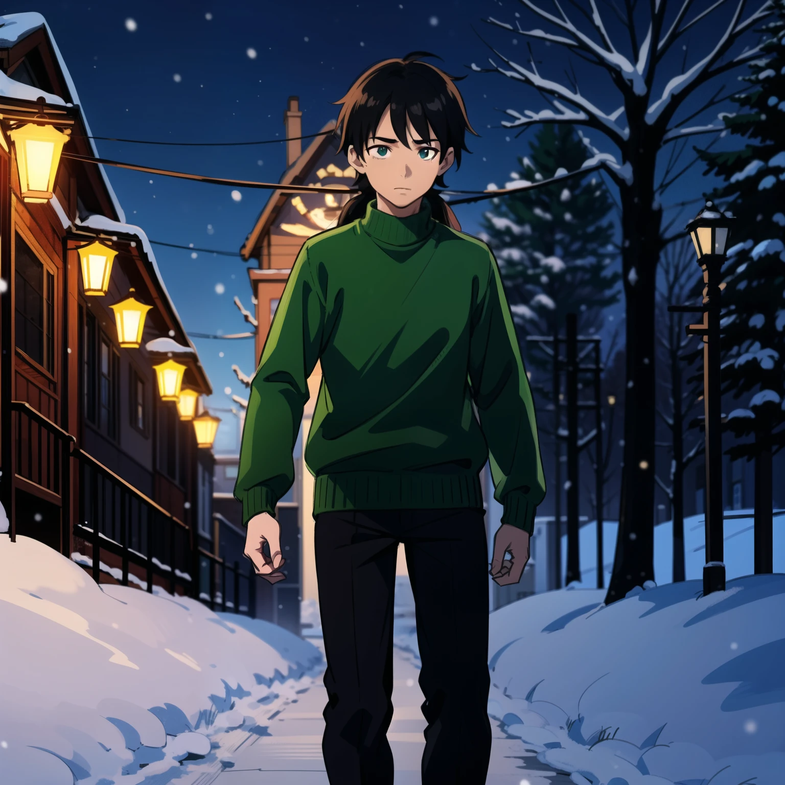 ((Sketch)) (Manga style) Christmas, a young boy with a long mullet haircut, big lips, and slanted eyes. Winter season, snow and pine trees on the streets. Walking in the neiborhood. Christmas lights at night. Wearing a green sweater. Despite the difficulties, he kept hope alive in his heart. His eyes shone with a spark of hope for the future.