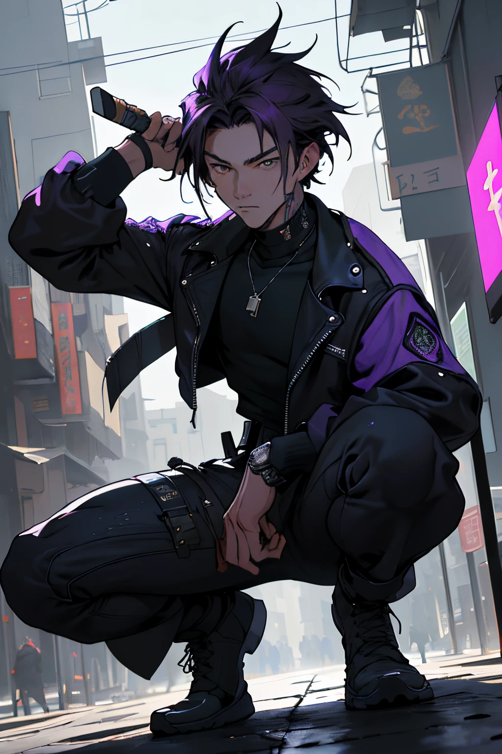 (masterpiece, top quality, best quality, official art, Short, sleek black hair with dark purple highlights, styled in a sharp, angular cut.
Eyes: Intense, deep purple eyes with a mesmerizing gaze.
Outfit:
Top: A fitted, black leather vest with intricate silver and dark purple embroidery. The vest features multiple straps and buckles, giving a rugged yet refined look. Underneath, he wears a tight, long-sleeved black shirt with mesh panels.
Bottom: Black leather pants with silver and purple detailing, including chains and buckles. The pants are tailored to fit snugly, emphasizing his athletic build.
Footwear: Black combat boots with silver buckles and dark purple accents, polished to a high shine.
Accessories:
Choker: A black leather choker with a silver ring pendant.
Gloves: Fingerless black leather gloves with silver studs and purple stitching, extending to his forearms.
Jewelry: A combination of silver and dark purple rings and a studded bracelet on one wrist.