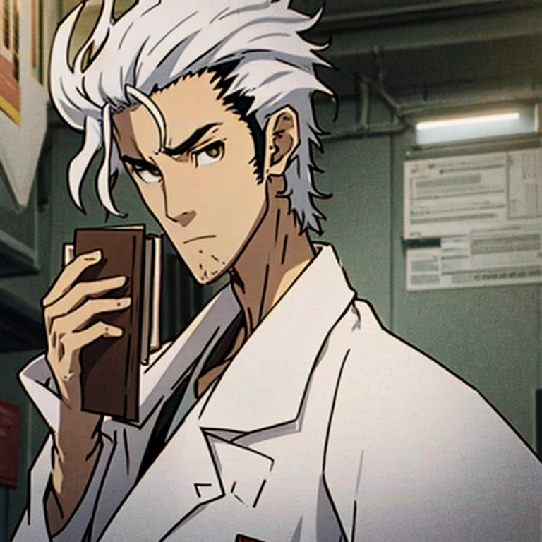 Generate diverse images of Hiroshi Suzuki, a brilliant and eccentric scientist with a personality reminiscent of Rintaro Okabe from Steins;Gate, Laughing joyfully at a clever joke or unexpected experiment outcome., white hair, full body with white coat,((only one person)), holding a book of kakashi from naruto