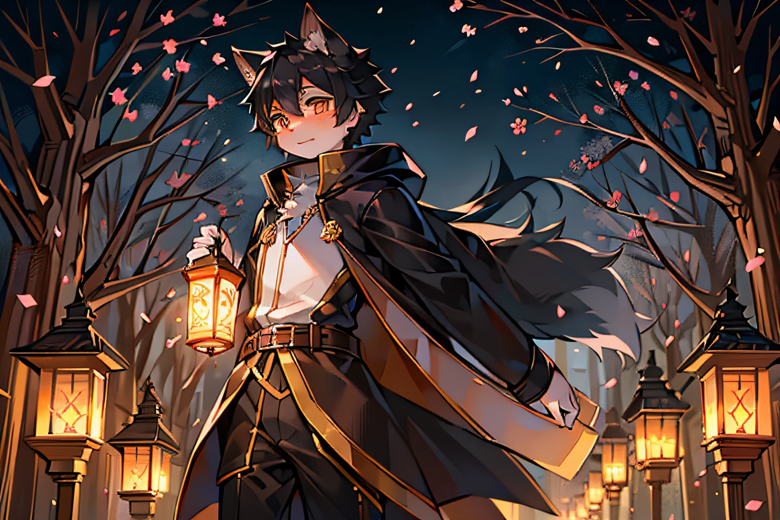 A black-haired wolf,Orange pupils,wind coat,围巾,Carrying a lantern in his hand,Push aside the branches with your hands,shota,lovely boy,confident looking,gentleness,at a forest,Pear blossom tree,falling flower petals,Yuki,White petals