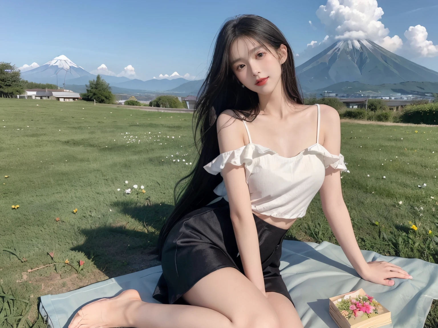 ((Best quality at best, 8K, On the table:1.3)), beuaty girl, pure, Pink cheeks，Melon seed face, gentle and cute, Thin stature, (Frontal lobe), (headtilt), look straight at the camera, [separated sleeves::0], 、above knee skirt，Long straight black silky hair, Long hair flowing past shoulders, Big, round, black eyes, clear big eyes, Moist red lips, A sweet smile, sitted, with hands resting on knees, with blue sky and white clouds, rays of sunshine, grassy fields, The top of Mount Fuji, North view of the Tibetan steppe,The background is natural scenery