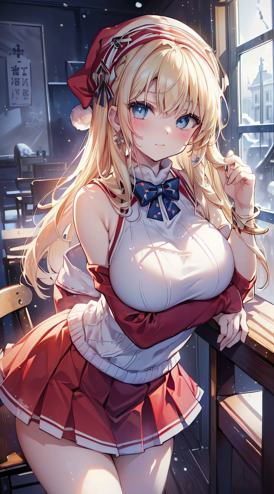 top-quality、Top image quality、​masterpiece、teens girl((Red Santa Costume、santa style short skirt、santa style tank top、sixteen years old、teen ager、Best Bust、big bast,Beautiful light blue eyes、Breasts wide open, a blond、A slender,Large valleys、dye one's cheeks red、Leaning forward、White breath、Reflecting the whole body、Cross your arms、Laugh、sit a chair)),hiquality、Beautiful Art、Background with((Classroom at evening、snowflakes falling、Heavy snow falls、snowman、ice tower model)))、masutepiece、depth of fields,