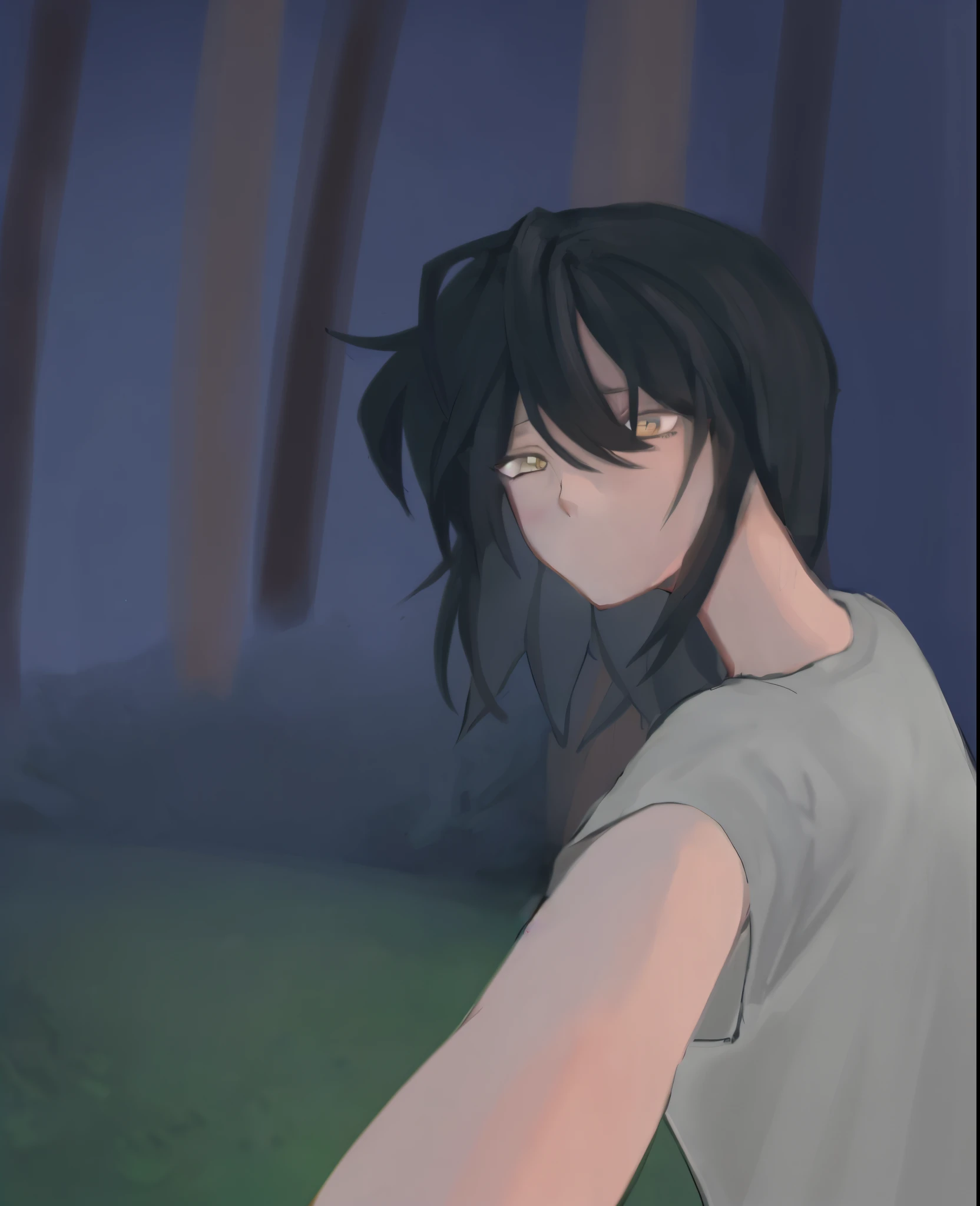First person point of view. Anime style. A girl with shoulder length black hair. She pulled the first person's hand into the almost dark forest. She was wearing a plain oversized white t-shirt. Her expression was flat.