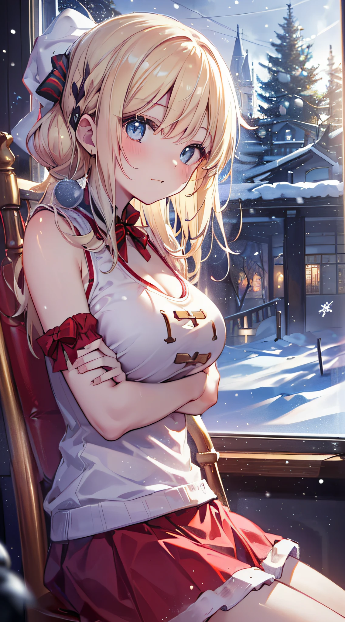 top-quality、Top image quality、masterpiece、teens girl((Red Santa Costume、santa style short skirt、santa style tank top、sixteen years old、teen ager、Best Bust、big bast,Beautiful light blue eyes、Breasts wide open, a blond、A slender,Large valleys、dye one's cheeks red、Leaning forward、White breath、Reflecting the whole body、Cross your arms、Laugh、sit a chair)),hiquality、Beautiful Art、Background with((Classroom at evening、snowflakes falling、Heavy snow falls、snowman、ice tower model)))、masutepiece、depth of fields,