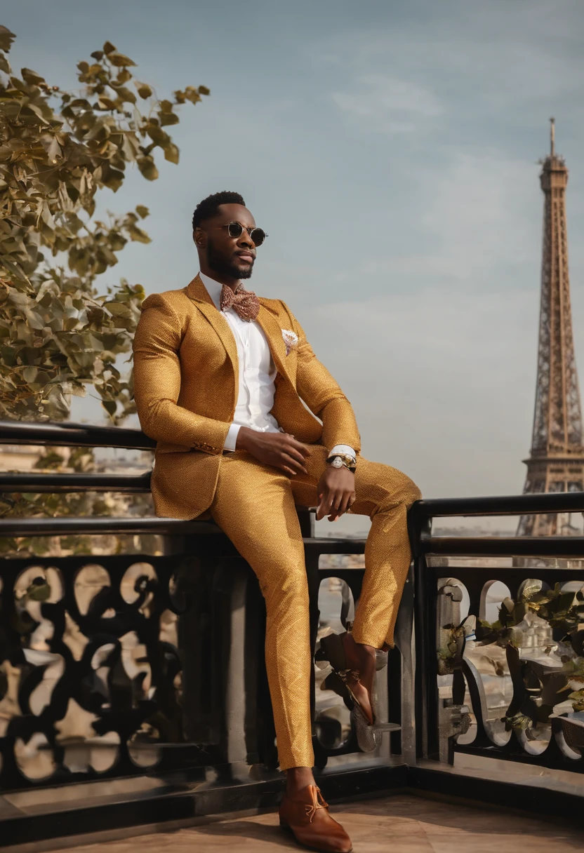 Adekunle is marveling at the breathtaking view of the Eiffel Tower from a charming rooftop terrace,original,Prince Adekunle Adebayo, a fictitious Nigerian royal, portrays himself with an aura of elegance and persuasive charm. He’s often seen in opulent, traditional Nigerian robes, his appearance crowned by a confident, yet earnest expression, designed to evoke trust and sympathy., male