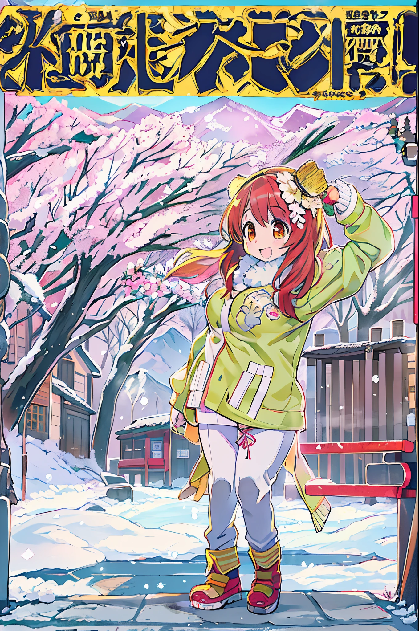 Anime character standing in the snow with mountains in the background, in style of kyoto animation, kyoto animation still, Anime Girls, Kyoto Animation, two beautiful anime girls, a-1 pictures, High School Girls, Happy!!!, kyoto animation key visual, Cute:2, Twin-tailed, anime movie background, Anime!!!!!!!!!!!!!!!, inspired by Narashige Koide