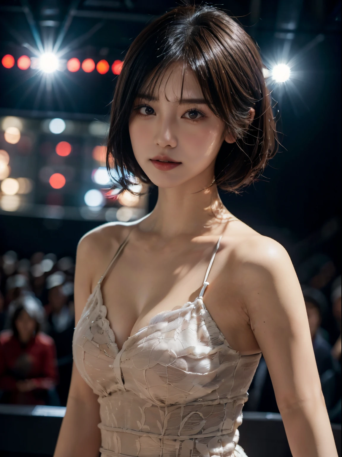 Spotlights on stage、Actress wearing a full lace dress、top-quality、hyper HD、奈良美智, Japanese Models, Beautiful Japanese wife with short hair, 27-year-old female model, 4 k ], 4K], 27yo, sakimichan, sakimichan