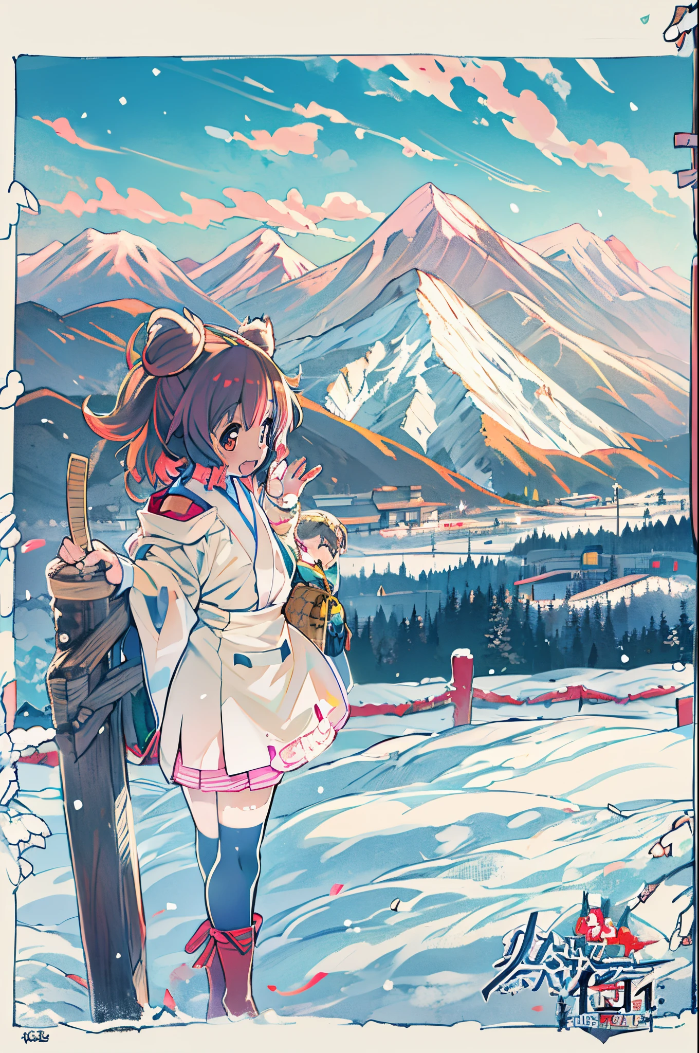 Anime character standing in the snow with mountains in the background, in style of kyoto animation, kyoto animation still, Anime Girls, Kyoto Animation, two beautiful anime girls, a-1 pictures, High School Girls, Happy!!!, kyoto animation key visual, Cute:2, Twin-tailed, anime movie background, Anime!!!!!!!!!!!!!!!, inspired by Narashige Koide