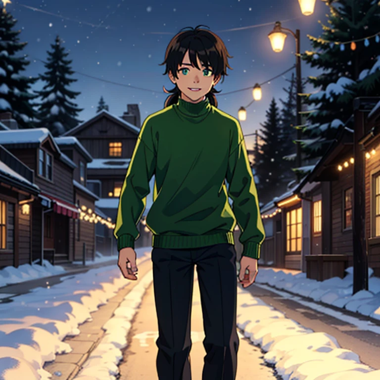 Despite the difficulties, he kept hope alive in his heart. His eyes shone with a spark of hope for the future. Smile. Christmas, a young boy with a long mullet haircut, big lips, and slanted eyes. Winter season, snow and pine trees on the streets. Walking in the neiborhood. Christmas lights at night. Wearing a green sweater.