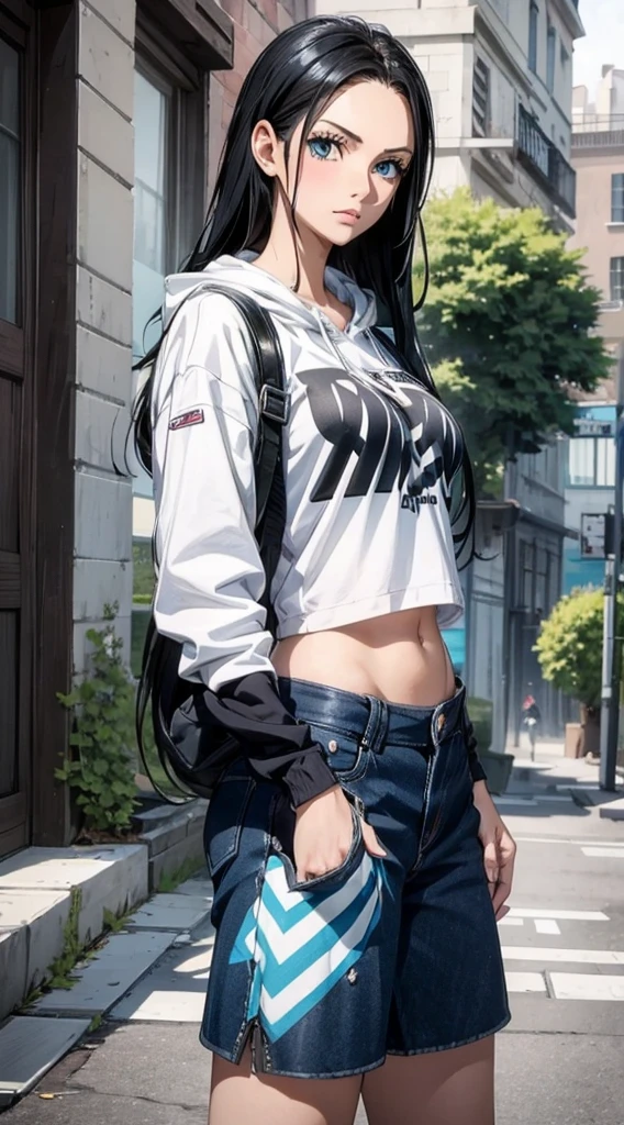 Masterpiece, 1girl, Superb Style, Urban Streetwear chothes, Outdoor, Upper Body, nico robin, blue eyes, long black  hair, cool girl