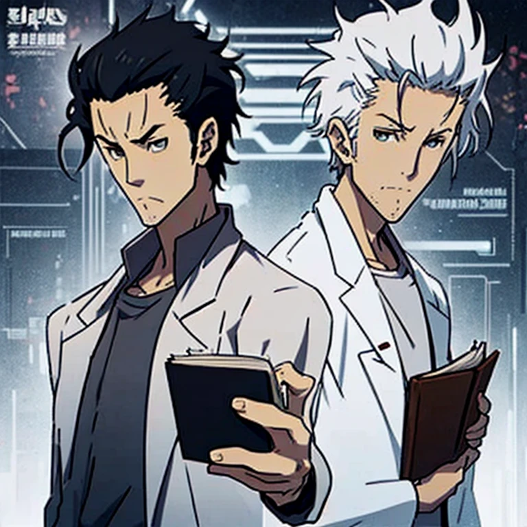 Generate diverse images of Hiroshi Suzuki, a brilliant and eccentric scientist with a personality reminiscent of Rintaro Okabe from Steins;Gate, Laughing joyfully at a clever joke or unexpected experiment outcome., white hair, full body with white coat,((only one person)), holding a book of kakashi from naruto, solo character