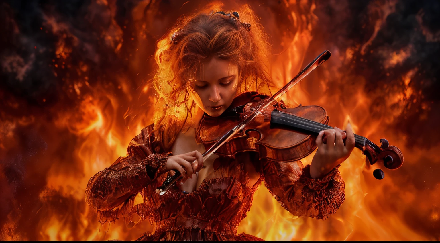 mulher arafida de vestido vermelho tocando violinoo em frente a uma fogueira, violinoo fantasia, (violinoo fantasia), A Rainha do Fogo, karol bak uhd, ardente, chamas a cercam, Deusa do fogo, 8 0's estilo tomasz alen kopera, Tomasz Alen Kopera e CGSoration, engolfado pelas chamas, casting fire spell, violino