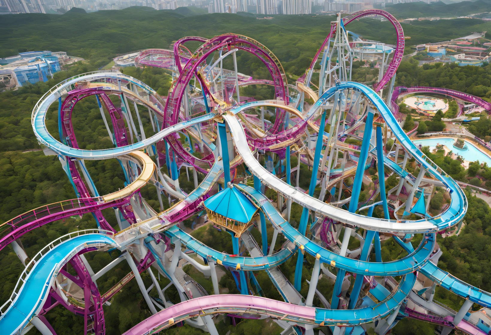 (Aerial photography of roller coasters in China&#39;Cloisonné Theme Park），dreamland dreamland，ultra-realistic realism， Carefully designed using European and American designs），Asymmetrical balance ，( magenta ）Carmine＋( blue white colors ）Blue-cyan＋( tin foil gold ）golden colored