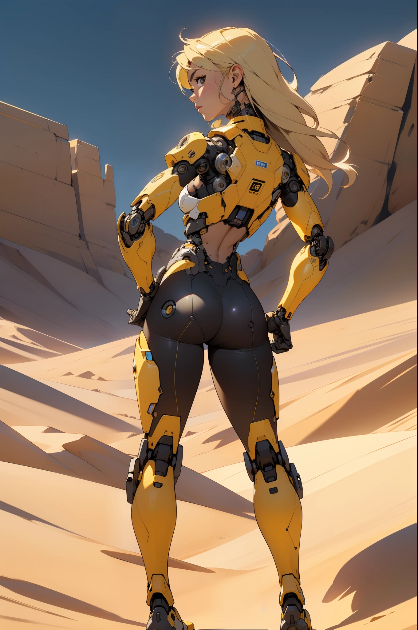 high quality, 4k, masterpiece, beautiful, cyborg girl, cowboy shot, dull eyes, back side, turning around to look at viewer, long blonde hair, girl, small breasts, fit thigh, robotic arms, robotic body, cyborg body, yellow accent, yellow livery, red accent, intricate detail, joint, detailed lines, robotic detail, 1fist on hip, color robotic parts, robotic parts with color, perfect fingers, on a desert planet, sunny background, colorful desert, head to toe, full body shot
