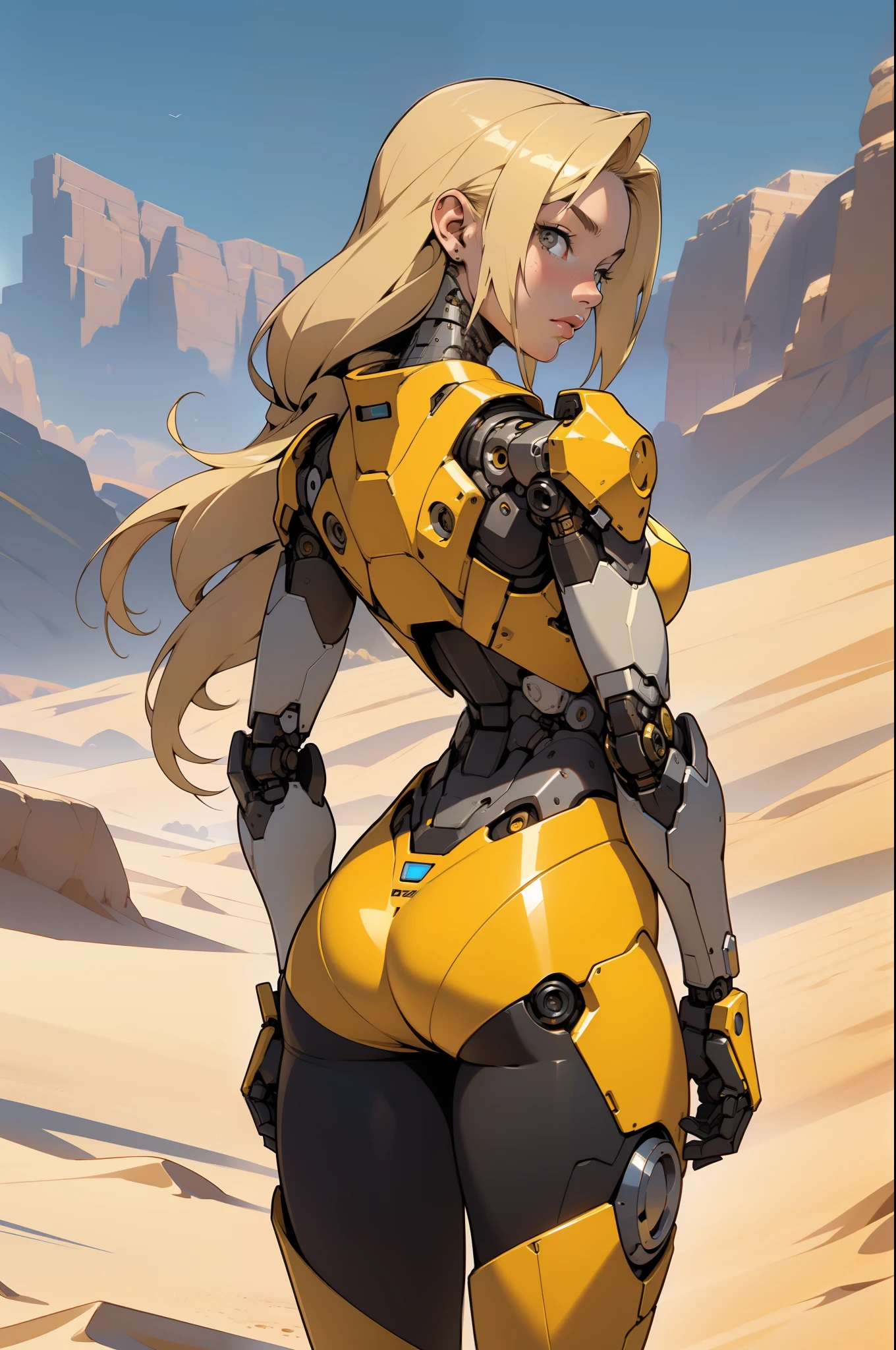 high quality, 4k, masterpiece, beautiful, cyborg girl, cowboy shot, dull eyes, back side, turning around to look at viewer, long blonde hair, girl, small breasts, fit thigh, robotic arms, robotic body, cyborg body, yellow accent, yellow livery, red accent, intricate detail, joint, detailed lines, robotic detail, 1fist on hip, color robotic parts, robotic parts with color, perfect fingers, on a desert planet, sunny background, colorful desert, head to toe, full body shot