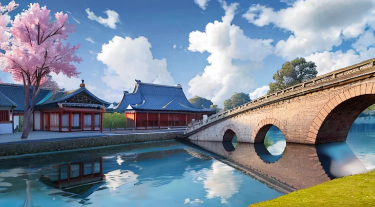 enchanting scenery,ancient buildings of China,Bridge Hole,Reflection in the water,China-style,with blue sky and white clouds,grassy fields ,river water,ancient buildings,Anime comic style