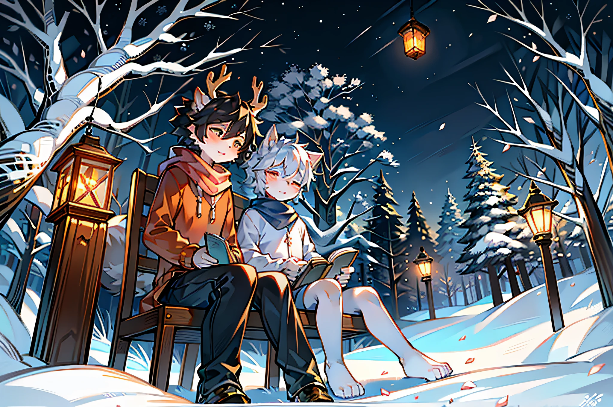 Wearing a white robe、white deer with antlers,Wolf with black hair and orange shirt,in the snow,starrysky,moon full,stars shining bright,falling flower petals,Peach blossom tree,shota,lovely boy,two guys,peaceful night,ornate backdrop,gentleness,Wear a scarf,wear a sweater,lantern in hand,in woods,sitting against a tree,Leaning together,Falling white petals,Close her eyes,starrysky,two guys,gentleness,Clear facial features,With a book on his lap,Clear face,s asleep