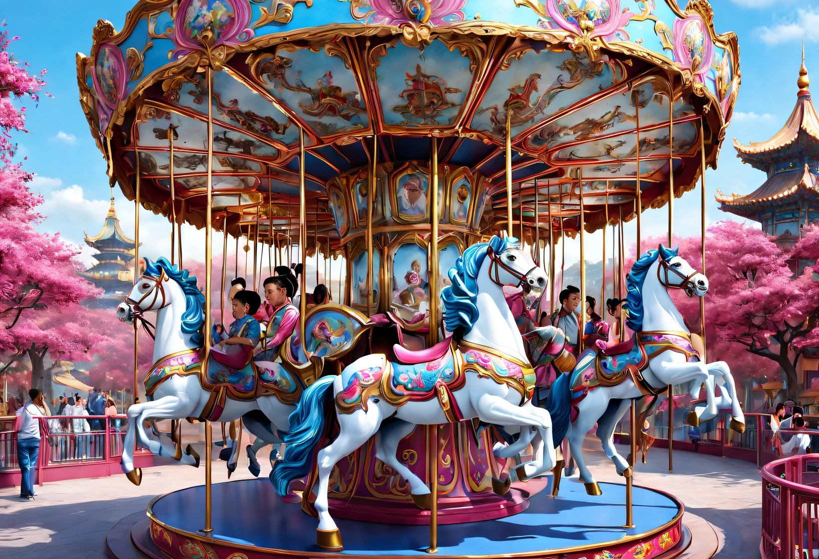 (Beautiful children ride carousel in Chinese Cloisonné theme park),dreamland dreamland,ultra-realistic realism,Asymmetrical balance ,( magenta )Carmine+( blue white colors )Blue-cyan+( tin foil gold )golden colored