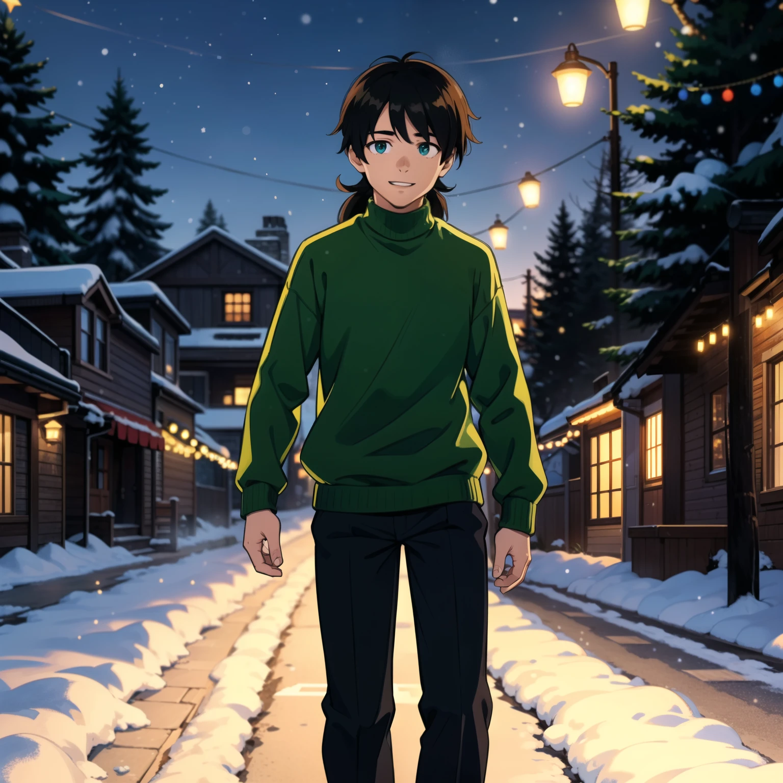 Despite the difficulties, he kept hope alive in his heart. His eyes shone with a spark of hope for the future. Smile. Christmas, a young boy with a long mullet haircut, big lips, and slanted eyes. Winter season, snow and pine trees on the streets. Walking in the neiborhood. Christmas lights at night. Wearing a green sweater.