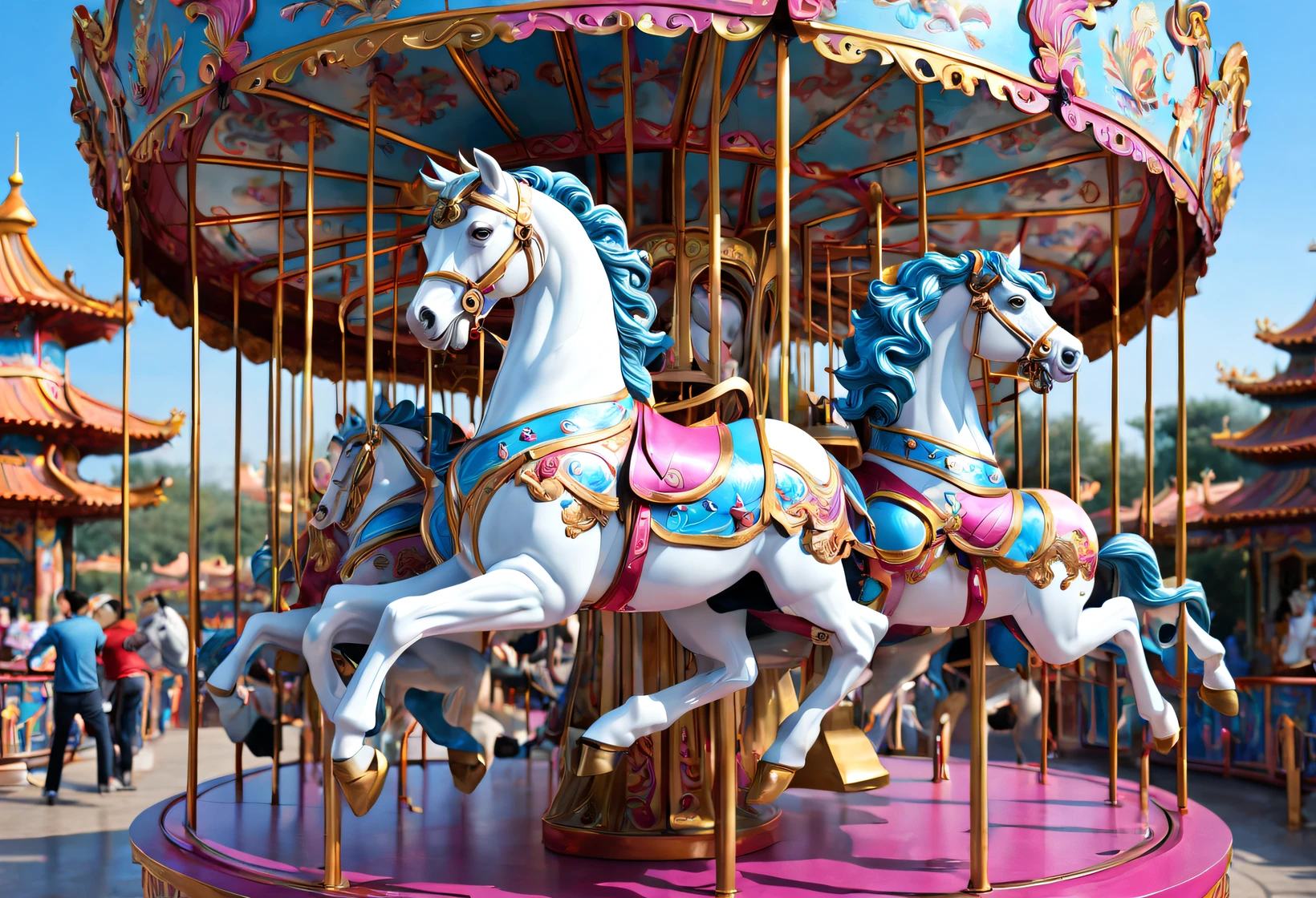 (Beautiful children ride carousel in Chinese Cloisonné theme park），dreamland dreamland，ultra-realistic realism，Asymmetrical balance ，( magenta ）Carmine＋( blue white colors ）Blue-cyan＋( tin foil gold ）golden colored