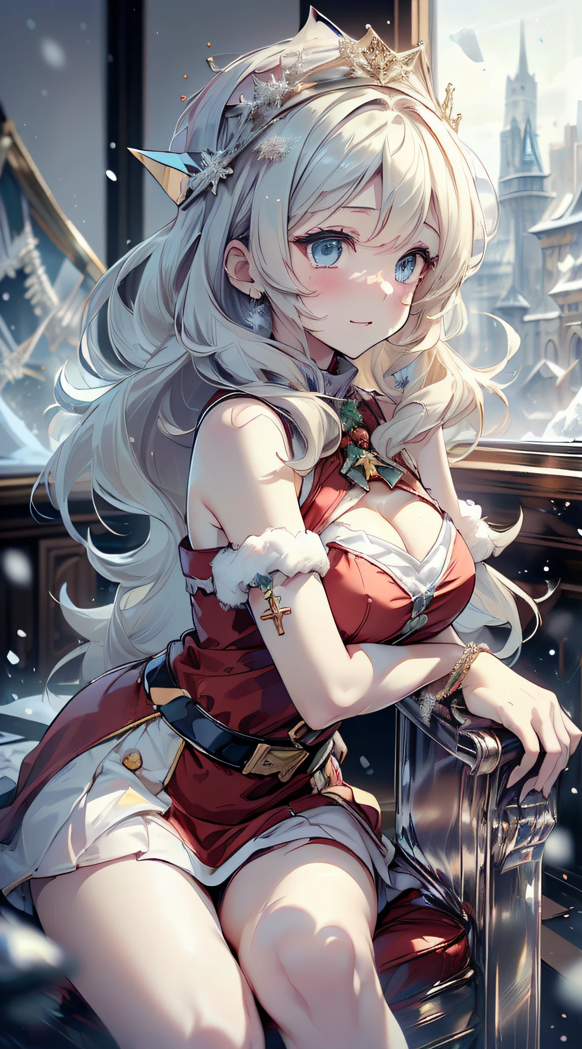 top-quality、Top image quality、masterpiece、s girl((Red Santa Costume、santa style short skirt、santa style tank top、sixteen years old、teenr、Best Bust、big bast,Beautiful light blue eyes、Breasts wide open, a blond、A slender,Large valleys、dye one's cheeks red、Leaning forward、White breath、Reflecting the whole body、Cross your arms、Laugh、sit a chair)),hiquality、Beautiful Art、Background with((Classroom at evening、snowflakes falling、Heavy snow falls、snowman、ice tower model)))、masutepiece、depth of fields,