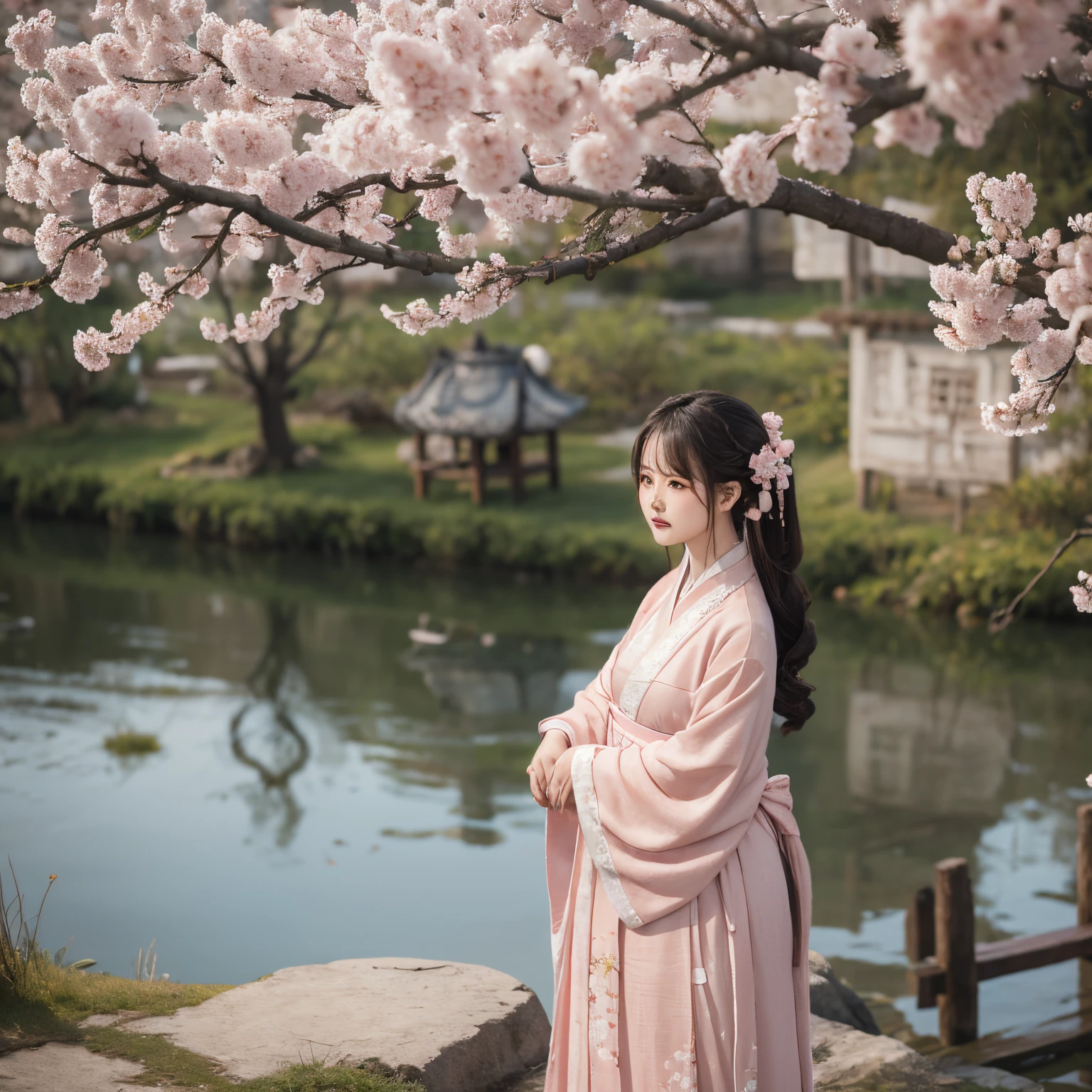 A woman wearing pink Hanfu stands between the peach blossom tree and the river.