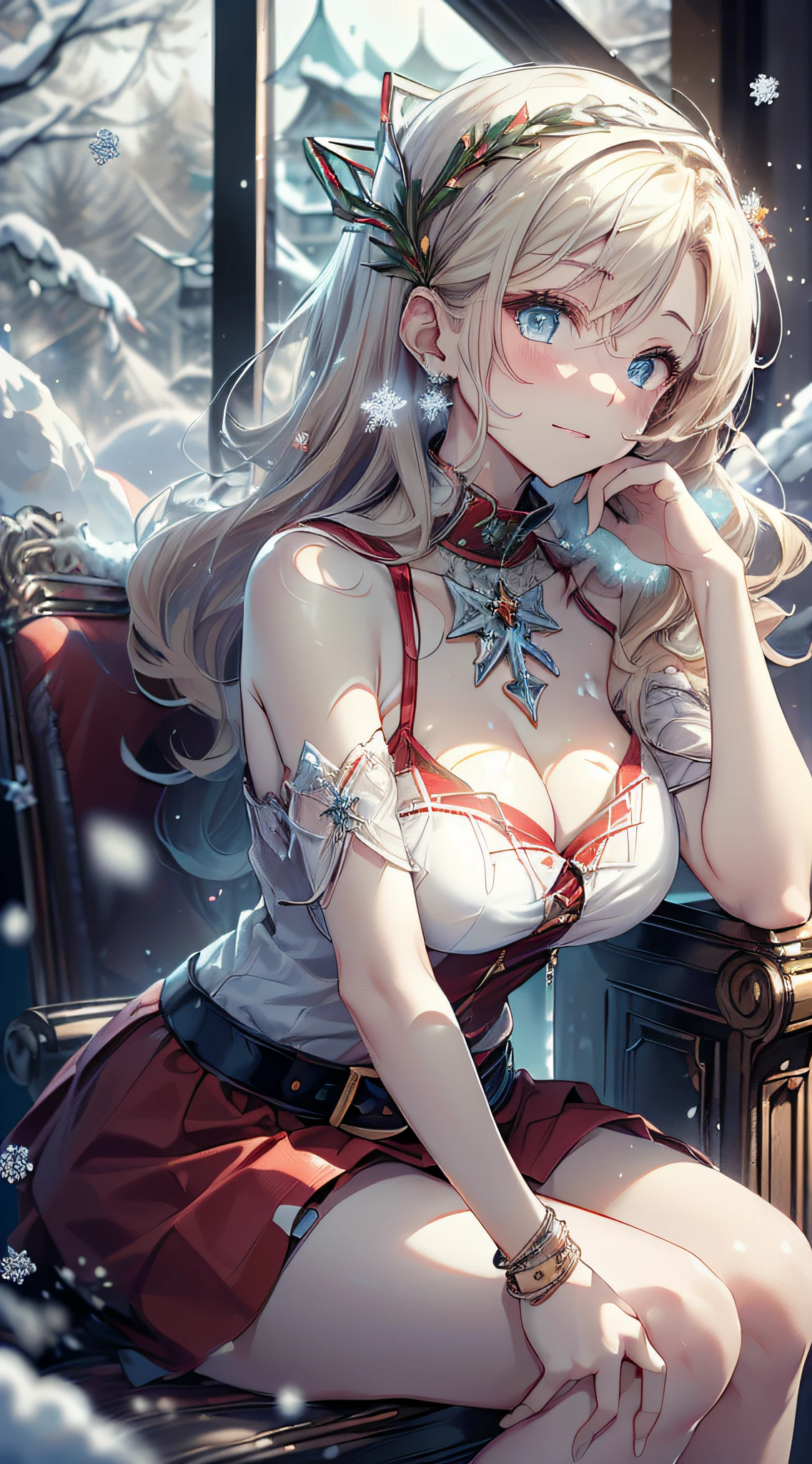 top-quality、Top image quality、masterpiece、teens girl((Red Santa Costume、santa style short skirt、santa style tank top、sixteen years old、teen ager、Best Bust、big bast,Beautiful light blue eyes、Breasts wide open, a blond、A slender,Large valleys、dye one's cheeks red、Leaning forward、White breath、Reflecting the whole body、Cross your arms、Laugh、sit a chair)),hiquality、Beautiful Art、Background with((Classroom at evening、snowflakes falling、Heavy snow falls、snowman、ice tower model)))、masutepiece、depth of fields,