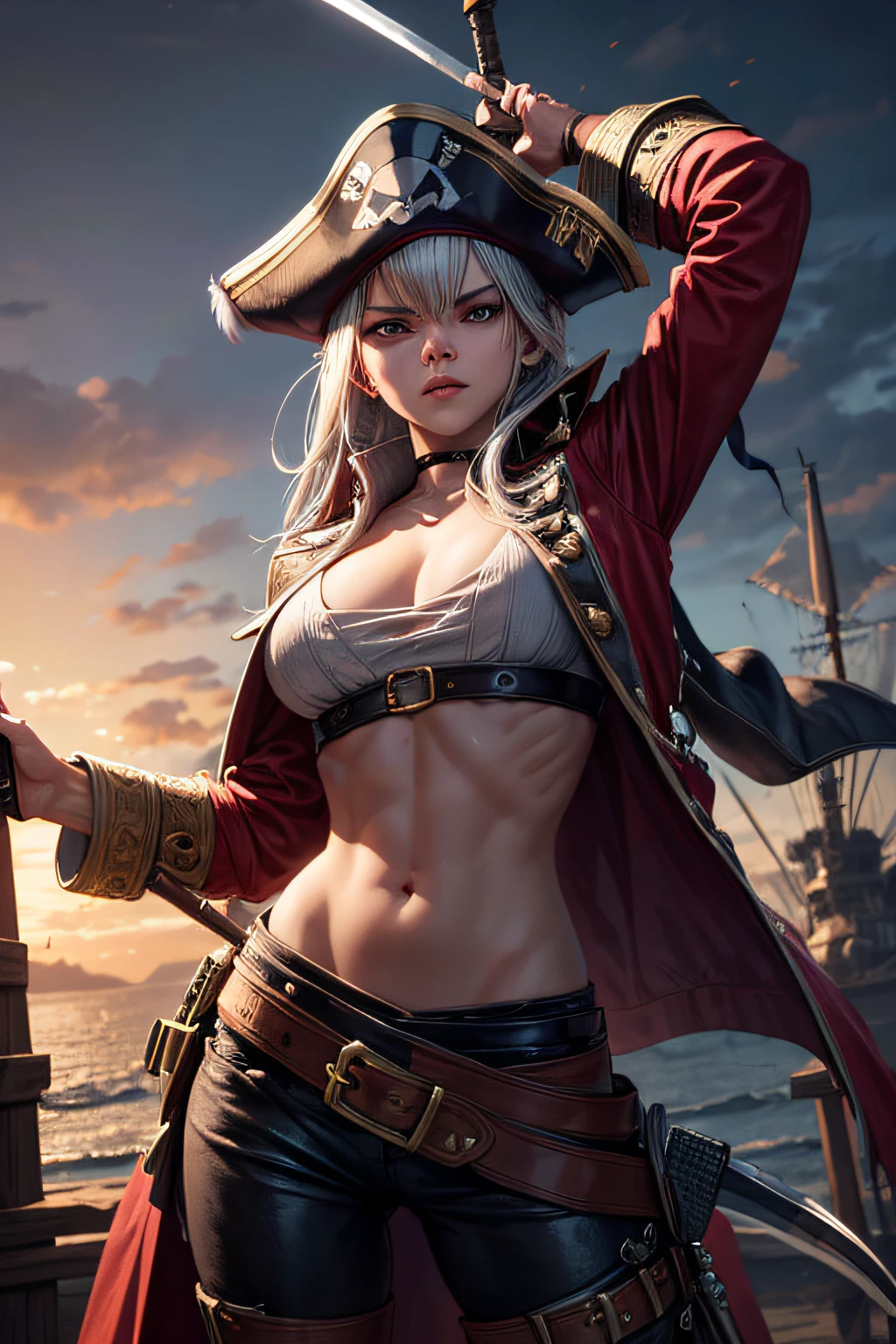 young girl, pirate captain, evil look, ripped clothes,combat stance, wielding a sword,  long pirate coat, pirate hat, highly detailed, vibrant appearance, creative behavior, extremly detailed, imaginative, sensual, spontaneous, highest quality, skin texture, intricate details, (cinematic lighting), RAW photo, 8k, masterpiece,best quality,ultra-detailed,very detailed illustrations,extremely detailed,intricate details,highres,super complex details,extremely detailed 8k cg wallpaper,