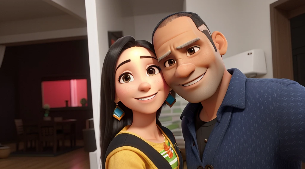there is a man and woman posing for a picture together, imagem de perfil, Directed by: Nandor Soldier, foto do perfil, par, Directed by: Willian Murai, foto de perfil, Alanis Guillen, imagem do avatar, foto de perfil, Noite!, Mulher de 30 anos, morena, cabelo longo, junto com Homem de 40 anos, ?????, quase careca. They `re married, are happy and smiling. They are inside your house.