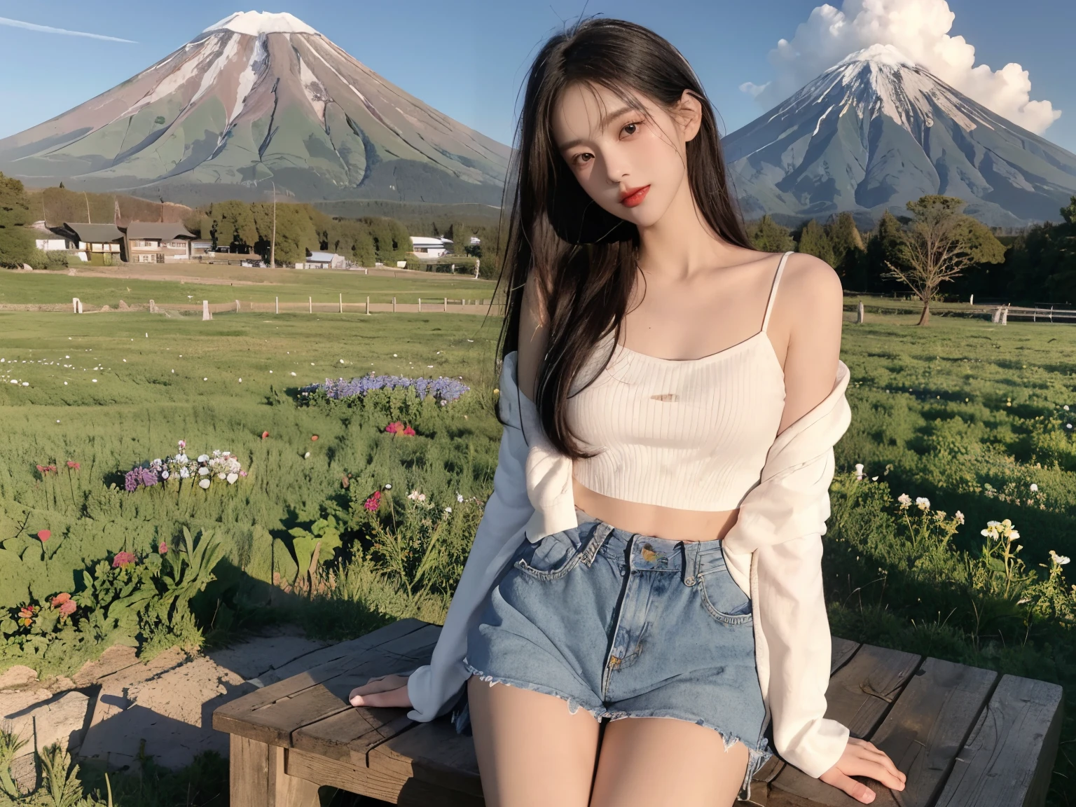 ((Best quality, 8K, On a table:1.3)), beuaty girl, pure, pink cheek，Melon seed face, gentle and cute, Thin stature, (Frontal lobe), (Tilt your head), look straight at the camera, [Split sleeves::0], 、Knee-length skirt，Long straight black silky hair, Long hair spread over shoulders, bigger, Round, 黑The eye, clear big eyes, Moist red lips, A sweet smile, sitted, with hands resting on knees, with blue sky and white clouds, rays of sunshine, grassy fields, Peak of Mt. Fuji, North view of the Tibetan steppe,The background is a natural landscape