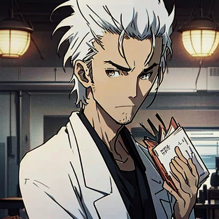 Generate diverse images of Hiroshi Suzuki, a brilliant and eccentric scientist with a personality reminiscent of Rintaro Okabe from Steins;Gate,Reflective and introspective, facing personal challenges or contemplating consequences, ((white hair)),((only one person)), holding a book of kakashi from naruto, solo character, full body with white coat,