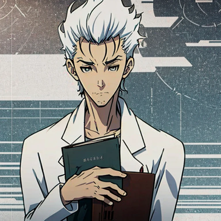 Generate diverse images of Hiroshi Suzuki, a brilliant and eccentric scientist with a personality reminiscent of Rintaro Okabe from Steins;Gate,Reflective and introspective, facing personal challenges or contemplating consequences, ((white hair)),((only one person)), holding a book of kakashi from naruto, solo character, full body with white coat,