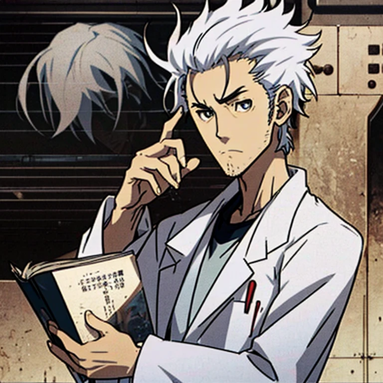 Generate diverse images of Hiroshi Suzuki, a brilliant and eccentric scientist with a personality reminiscent of Rintaro Okabe from Steins;Gate,Reflective and introspective, facing personal challenges or contemplating consequences, ((white hair)),((only one person)), holding a book of kakashi from naruto, solo character, full body with white coat,