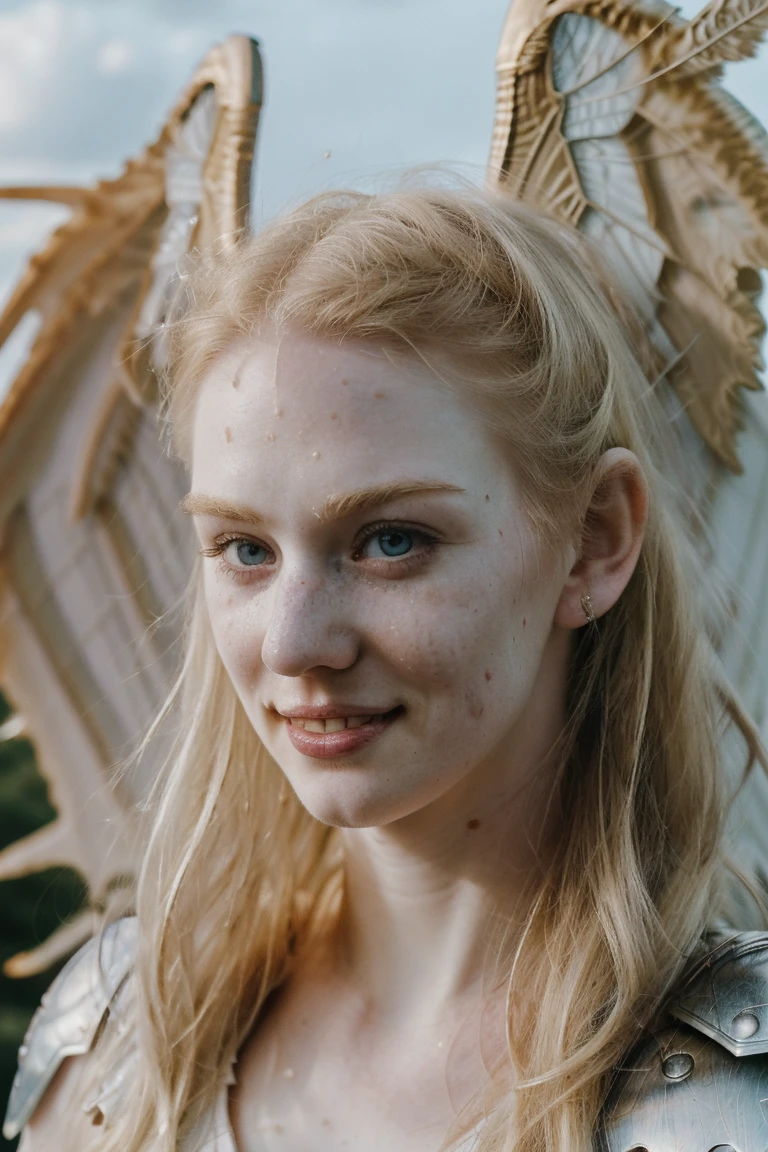 Ultra realistic photography of dbwl woman with many huge beauty marks on her natural pale white skin  ,    (medium shot:1.4) , (full body portrait:.3),
 (SFW),  (((wings, fractal armor))) , dressed, upper arms,   ((in frame)),

 ((fighting stance)),  natural (  pale light blonde eyelashes) , blue eyes, medieval background,
 detailed Natural pale white skin  with (many huge round beauty marks) , smile, light pale blonde eyebrows,
 happy, clean cheeks,
detailed, natural light blonde,  outdoors, sunny, high resolution, photograph, RAW photo, fr4ctal4rmor, ponytail hairstyle, [[[[sexy]]]]