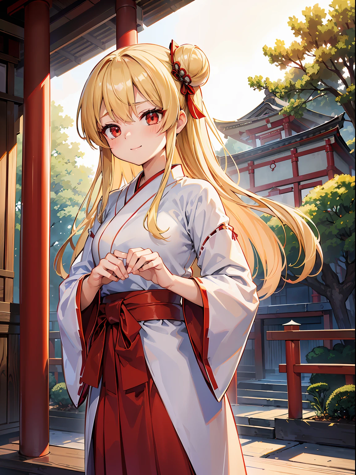 (RAW Photos, Best Quality), (animesque: 1.2), (Sharp facial features), (smaller face: 1), 1人の女性, Beautiful, (High Detail Skin: 1.2), (drooing eyes), (Red eyes), Smile, 鎖骨, cute  face, Beautiful eyes, long eyelashes, ((Perfect fingers)), Clean hands, ((Blonde semi-long, Hair bunched back)), ((shrine maiden clothe:1.2, red hakama, Chihaya, )), ((Scenery of the shrine)), Clear air, Soft lighting, High quality, Professional Lighting, Photon mapping, Physically Based Rendering, Perfect limbs, Perfect ???????, tre anatomically correct,