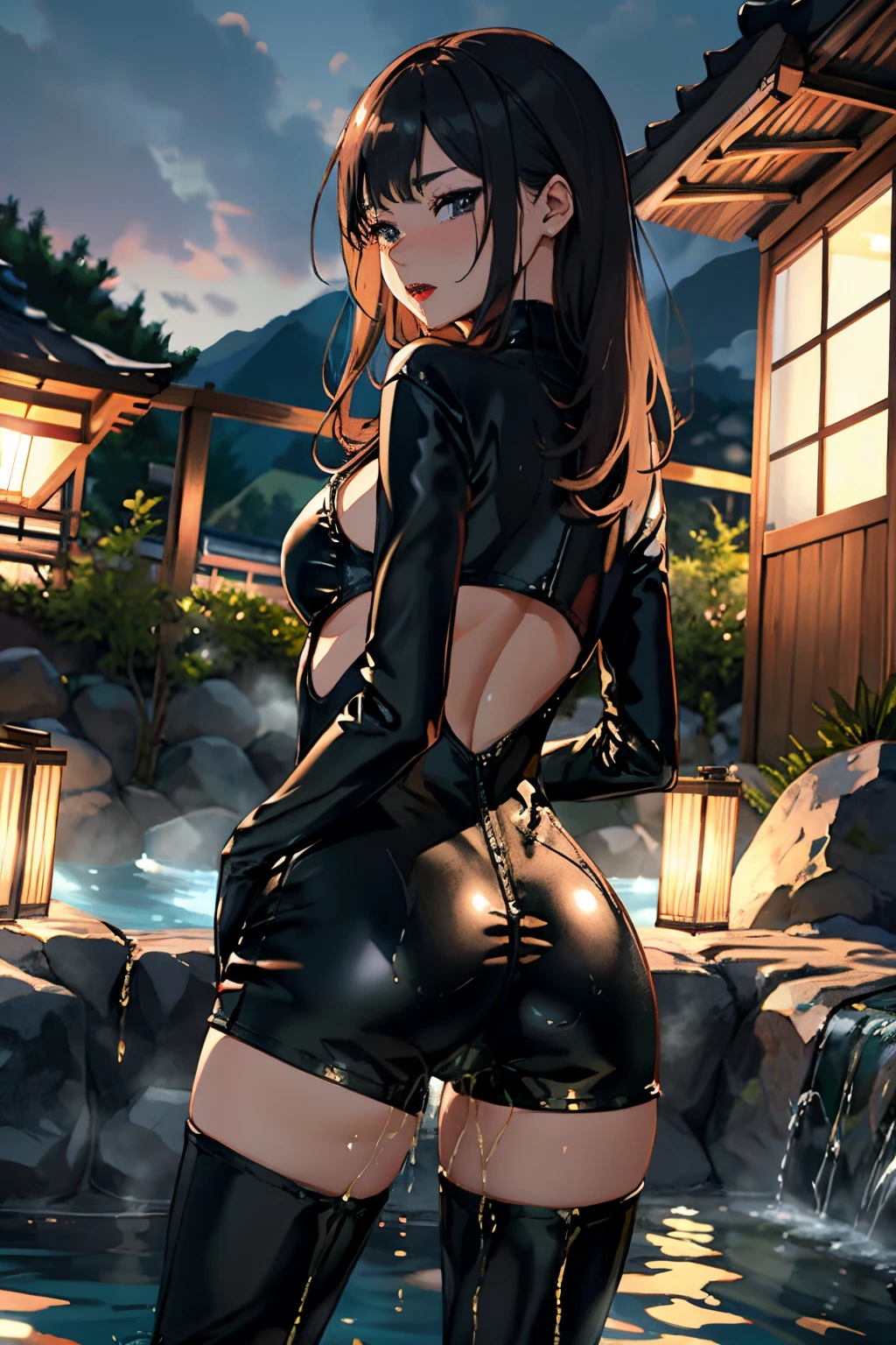 highres, beautiful women, high detail, good lighting, lewd, hentai, (((black leather catsuit shorts))), (((leather thigh high boots))), black leather gloves, bare thighs, bare arms, (((wetting herself))), (peeing herself), peeing stain, (puddle), (thick thighs), nice long legs, lipstick, detailed face, pretty face, embarrassed blushing face, humiliated, ((in outdoor onsen bathing)), (view from behind)